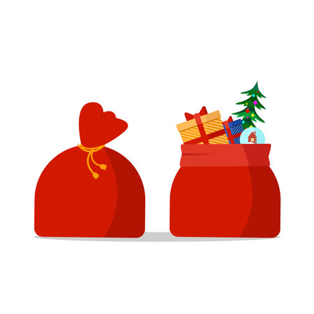 Christmas sacks with gifts on white background. Red sacks. Christmas tree and others.のイラスト素材