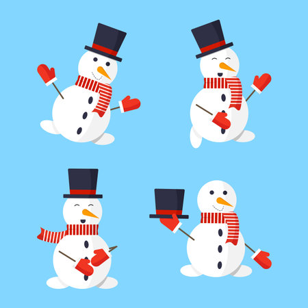 Set of funny snowman characters. Merry Christmas and Happy New Year. Vector illustration.のイラスト素材