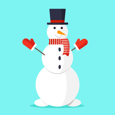 Happy snowman with red scarf and hat. Winter character. Merry Christmas and Happy New Year.のイラスト素材
