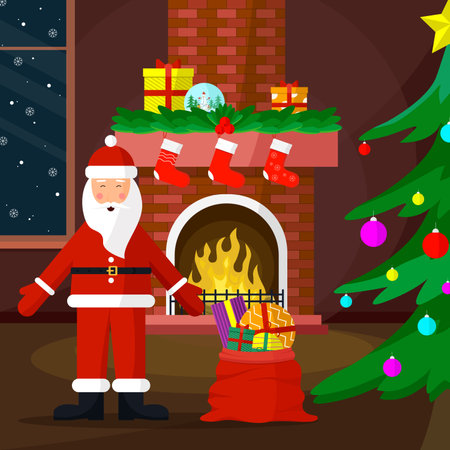 Happy Santa Claus with gifts near the fireplace. Christmas interior decoration concept.のイラスト素材