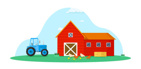 Red barn with blue tractor, haystack and chickens. Farming and agriculture concept.のイラスト素材