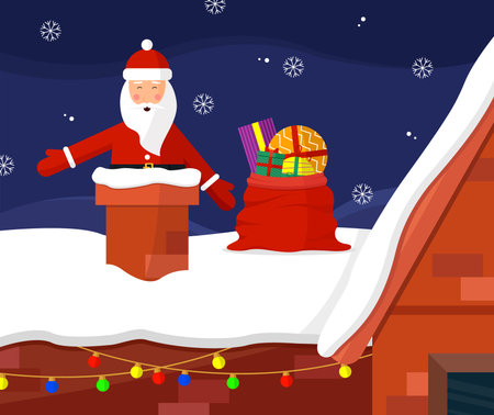 Santa Claus in the chimney and with gifts on the roof of the house. Vector illustration.のイラスト素材