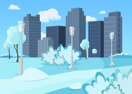 City park with street lamps, trees and bushes covered with snow. Winter city landscape concept.のイラスト素材