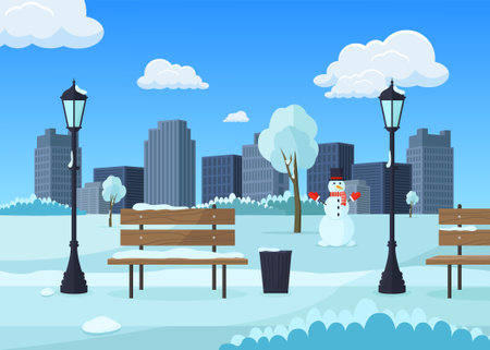 Winter city landscape with snowman and bench. Vector illustration in flat style.のイラスト素材