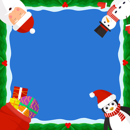 Christmas frame with Santa, penguin, snowman and gift bag. Frame with New Year characters.のイラスト素材