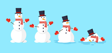 Snowman on blue background gradually melts and disintegrates. Concept of warming and climate change.のイラスト素材