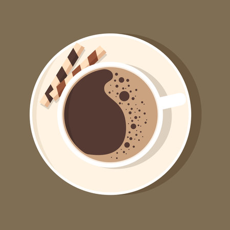 Cup of coffee with dessert on a saucer. Top view. Vector illustration.のイラスト素材