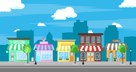 Set of buildings. Pharmacy, confectionery, flower and book store, coffee shop. City buildings.のイラスト素材