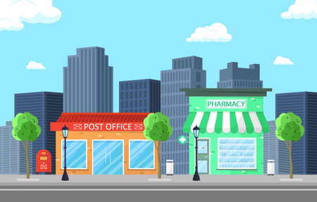 Post office and pharmacy building along the road with skyscrapers in the background.のイラスト素材