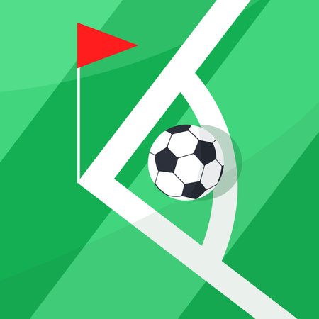 Soccer ball on the corner of the field with red flag. Corner kick concept. Vector illustration.のイラスト素材
