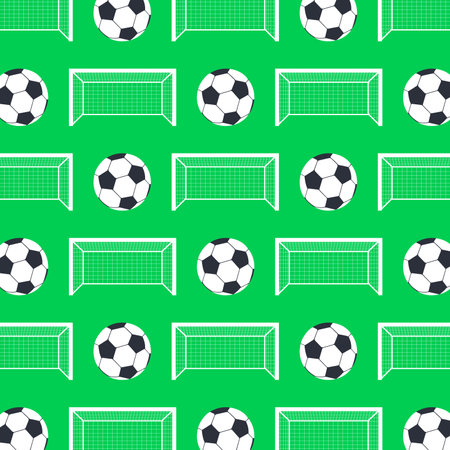 Soccer ball and goal seamless pattern on green background. Vector illustration.のイラスト素材