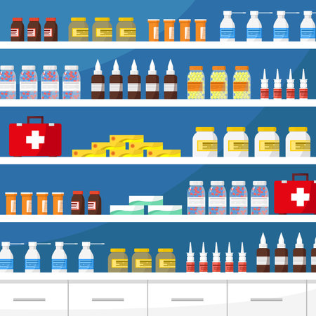 Pharmacy and drugstore shelves with medicines. Medicine and healthcare concept. Vector illustration.のイラスト素材