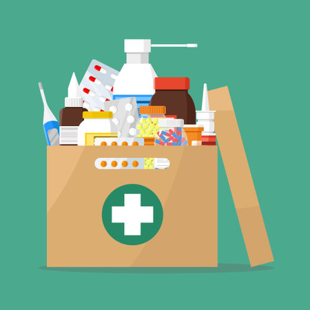 Cardboard box icon with medical supplies and medicines. Humanitarian and medical aid.のイラスト素材