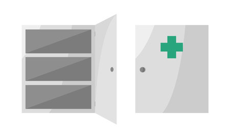 Empty first aid kit icons in open and closed form on white background. Shelves for medicines.のイラスト素材