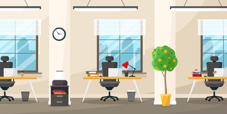 Workplaces in an open plan office. Comfortable workstations with equipment and technology.のイラスト素材