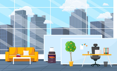 Open plan office interior with furniture, equipment and tree. Office workspace with partitions.のイラスト素材