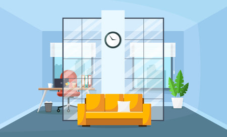 Office interior with furniture, equipment and windows. Workroom. Vector illustration.のイラスト素材