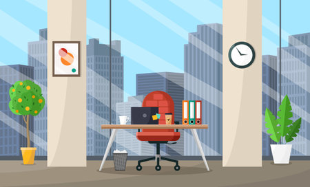 Office workspace with furniture, equipment, documents against the background of large windows.のイラスト素材