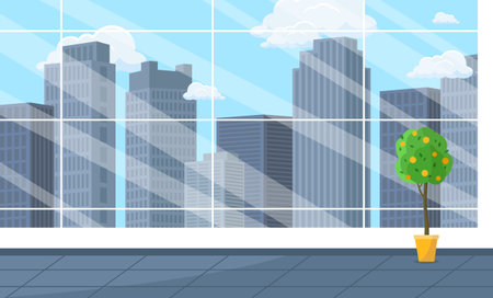 Empty office building with large windows and orange tree. Commercial real estate for rent, sale.のイラスト素材