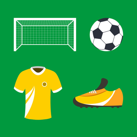 Set of football icons on a green background. Football ball, boots, T-shirt, gate.のイラスト素材