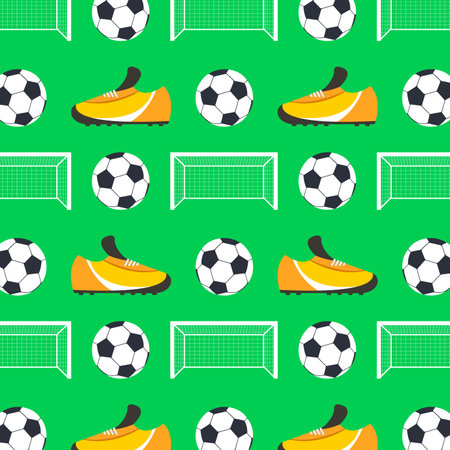 Seamless pattern with soccer balls, boots and goals on a green background. Sports equipment.のイラスト素材