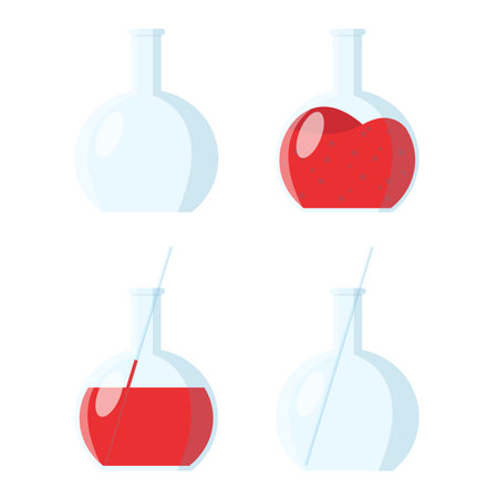 Set of icons of flasks with liquids. Biochemical analysis. Chemical experiment. Reagents.のイラスト素材