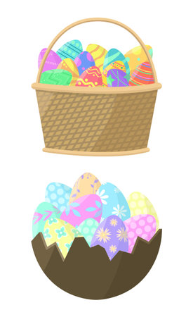 Set of Easter eggs icons in a wicker basket and in a chocolate shell. Happy Easter.のイラスト素材