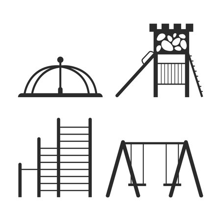 Black silhouettes of children's playground icon. Slide, swing and others. Leisure, entertainment.のイラスト素材