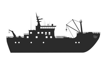 Black silhouette of cargo ship icon on white background. Fishing vessel, cargo delivery. Trade.のイラスト素材