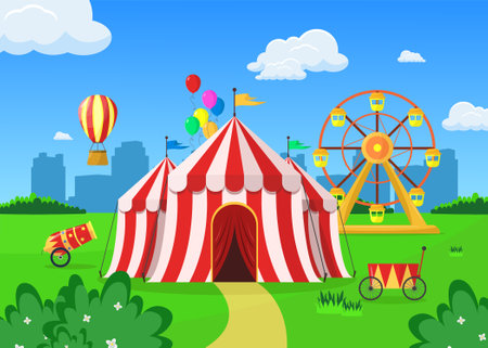 City amusement park with a circus tent, a Ferris wheel and a hot air balloon. Summer day.のイラスト素材