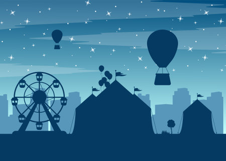Landscape of night amusement park with buildings and sky in the background. Leisure, entertainment.のイラスト素材