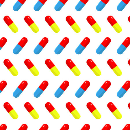 Seamless pattern of medicines on white background. Medicines, pills. Healthcare and medicine.
