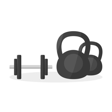 Dumbbell and kettlebell icon on white background. Sports equipment for gym. Fitness and sport.のイラスト素材