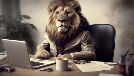 Lion's Head wearing a business suit, sitting behind desk, working in office, professionalism and authority. Lion strength, courage, and leadership. The business suit, corporate world. AIの素材
