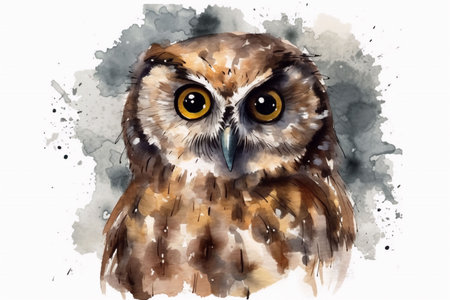 Watercolor drawing of cute owl, isolated background. AI generatedの素材