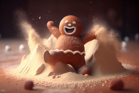 Cute running gingerbread cookie with powdered sugar and chocolate on the background.の素材