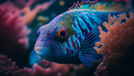 Coral Reef and Tropical Fish in Sunlight. Aquarium, close-up. AI generatedの素材