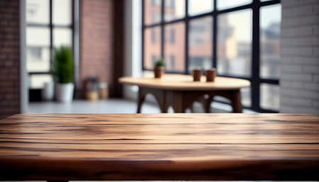 Empty wooden table with blur background of office and meeting room. AI generatedの素材