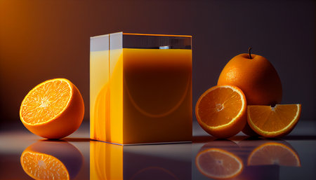 Orange juice glass Illustration, vibrant colors, focus on health. Juice surrounded by oranges and leaves, natural and nutritious qualities of the drink. AI generatedの素材