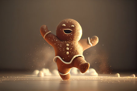 Cute running gingerbread cookie with powdered sugar and chocolate on the background.の素材