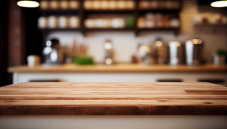 Wood table top on blur kitchen room background .For montage product display or design key visual layout. AI generatedの素材