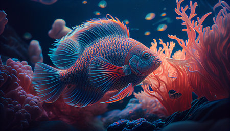 Coral Reef and Tropical Fish in Sunlight. Aquarium, close-up. AI generatedの素材