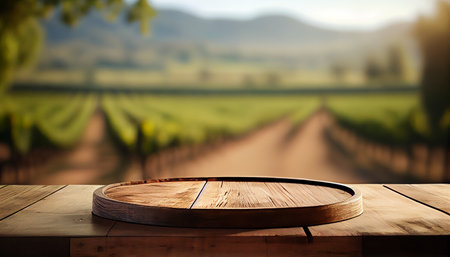 Image of wooden table in front of blurred vineyard landscape at sunset light. vintage filtered. glitter overlay. AI generatedの素材