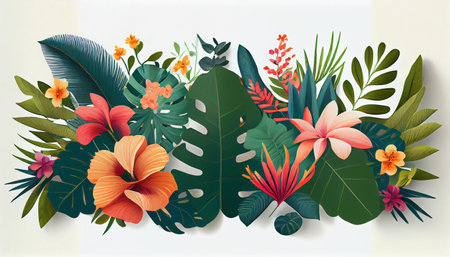 Colorful botanical-inspired design, plants and flowers arranged in an eye-catching pattern. Perfect for projects related to nature, gardening, or floral design. AI generatedの素材