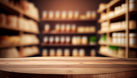 Empty wood table top on shelf in supermarket blurred background. AI generatedの素材