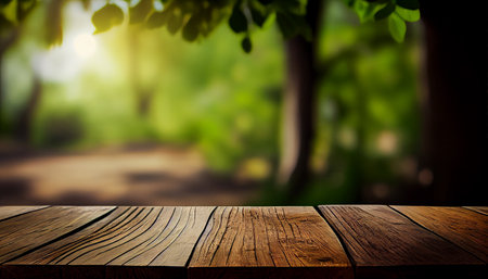 Top of natural wood table with blur outdoor green tree in soft sunlight summer garden background. AI generatedの素材
