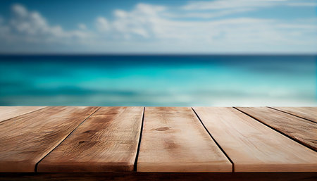 Wooden table top on blurred summer blue sea and sky background. Copy space for your display or montage product design. AI generatedの素材