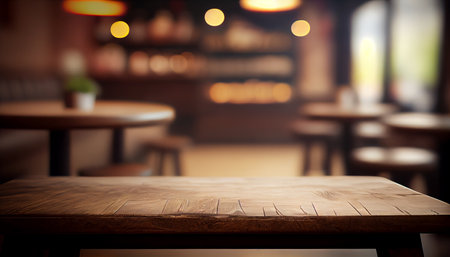 Empty wood table top on blur bakery shop or cafe restaurant with abstract bokeh background, Perspective dark brown wood table over blur in coffee shop background. AI generatedの素材