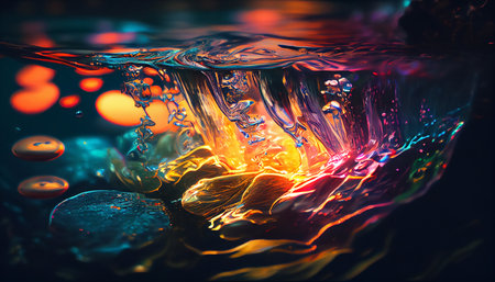 Underwater background. Dark waves neon with flares surface. Glow purple water splashes colorful lights. Bright shimmer with reflections of synthwave electro effects. AI generatedの素材