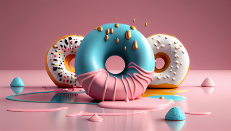 Donuts 3D style. Donuts composition, vibrant colors and shapes. Abstract isolated background scene. AIの素材